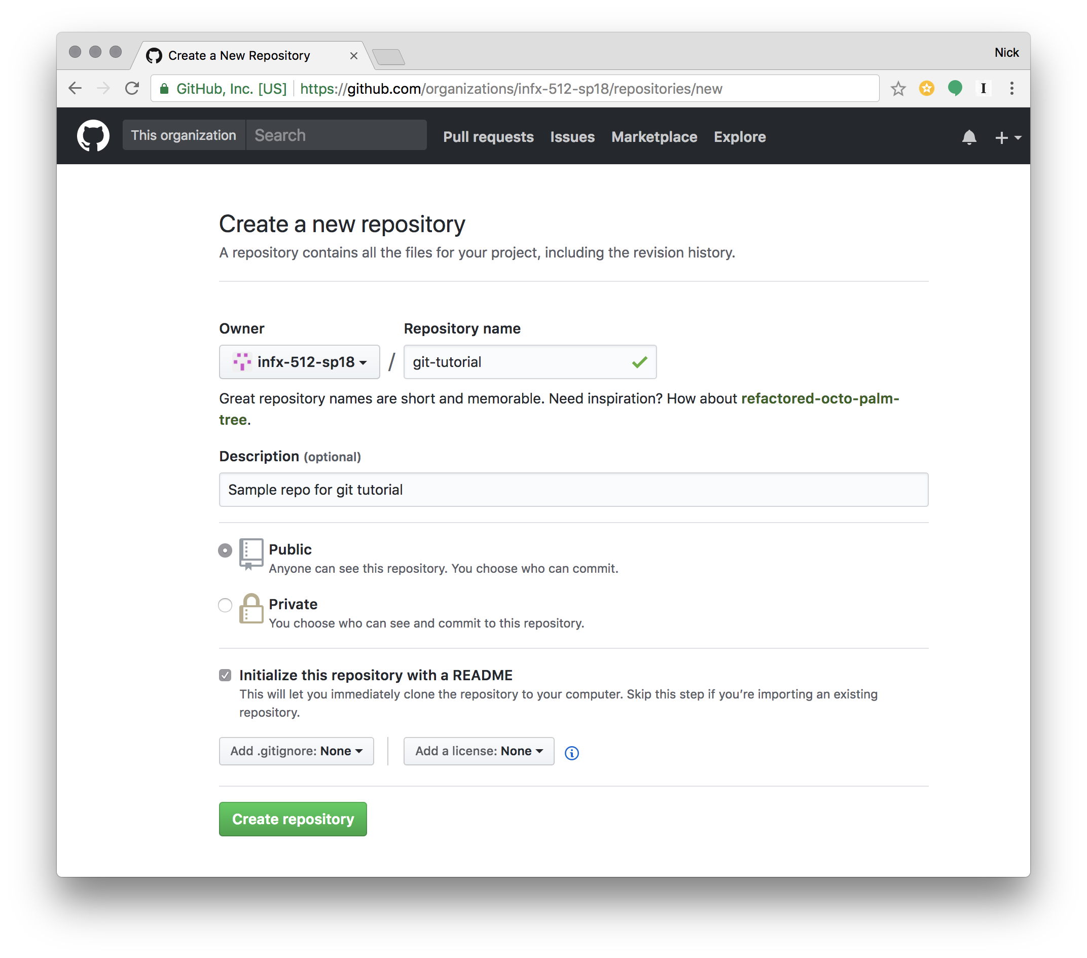 Screenshot of creating a repository on GitHub